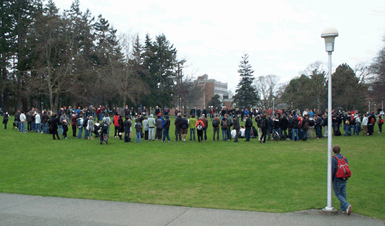 Uvic students gather outside to hear Emery speak